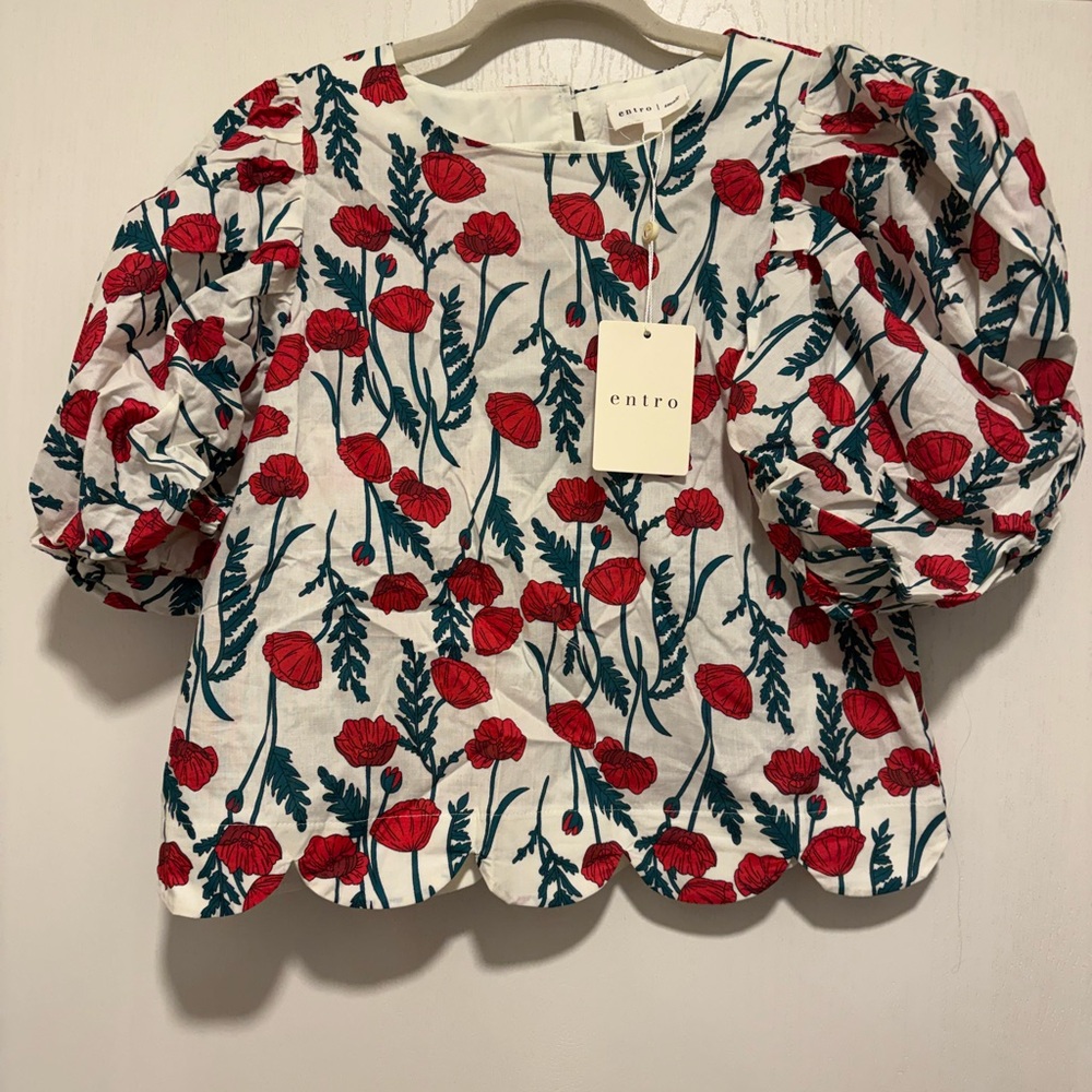 Entro Red Floral Puff Sleeve Blouse